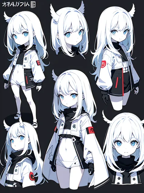 sketch (Character design sheet, same characters, whole body, Three-View, front, ~ ~ ~ side, return),(Very bright:1.1), White Background, [1 Girl:7], (Tilt your head:1.2), ([sketch|watercolor (Moderate)]:1.15),Chaotic Abstractな背景, Vector Trace, Gradient Ble...