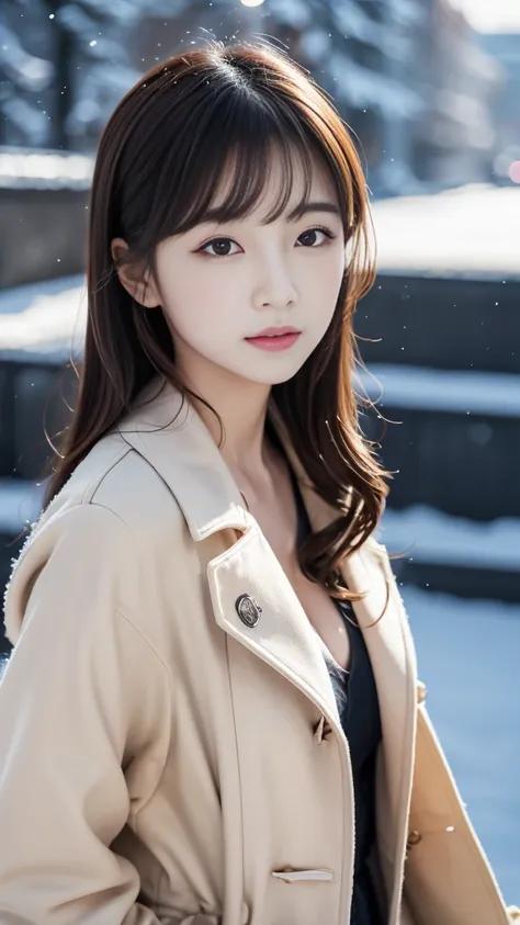 realistic photos odebt (1 cute korean star) shoulder-length hair, light makeup, middle breast size, wearing a duffle coat, in th...