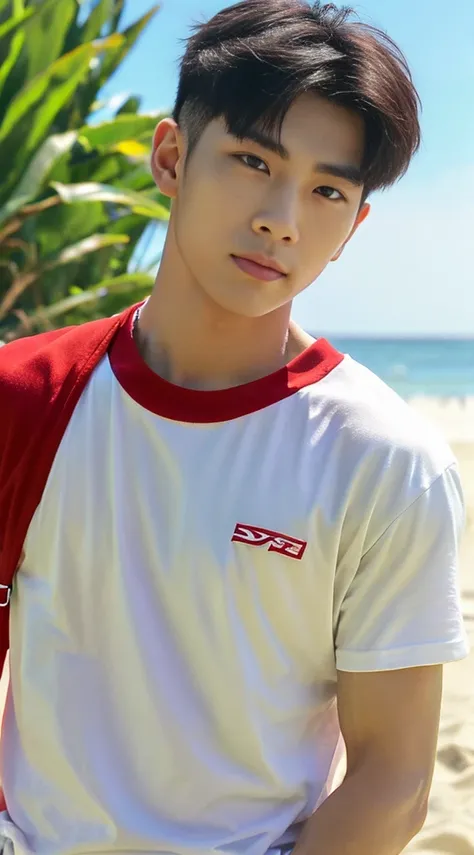 A handsome, muscular young Asian man looks at the camera. In a simple t-shirt white and red , Fieldside, grass, beach, sunlight