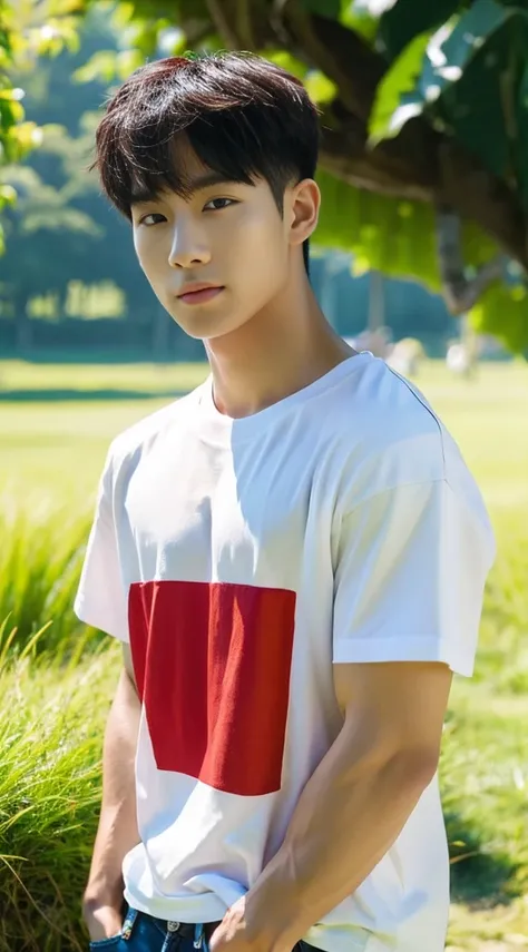 A handsome, muscular young Asian man looks at the camera. In a simple t-shirt white and red , Fieldside, grass, beach, sunlight