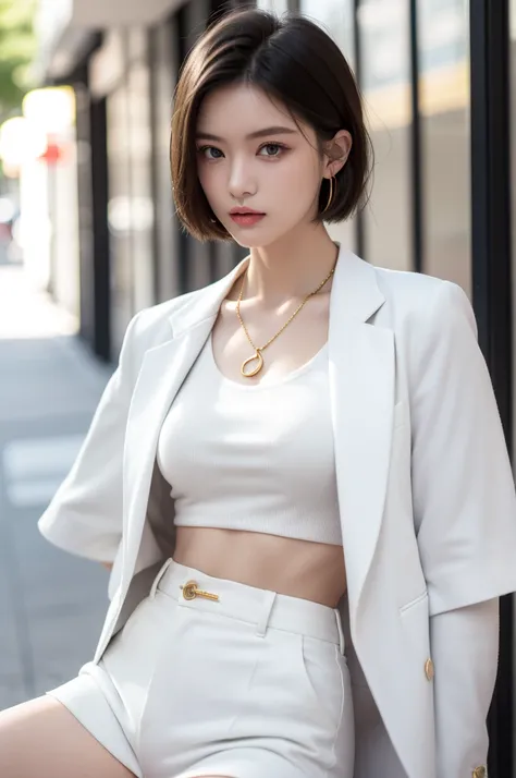 (masterpiece, best quality, beautiful and aesthetic:1.3), 1 Girl, Solitary, White waist short suit，Gold suit buttons，White shirt，White trousers，A faint smile, portrait, Looking at the audience, Android 18, (White short hair:1.3), blue eyes, eyelash, Hoop E...