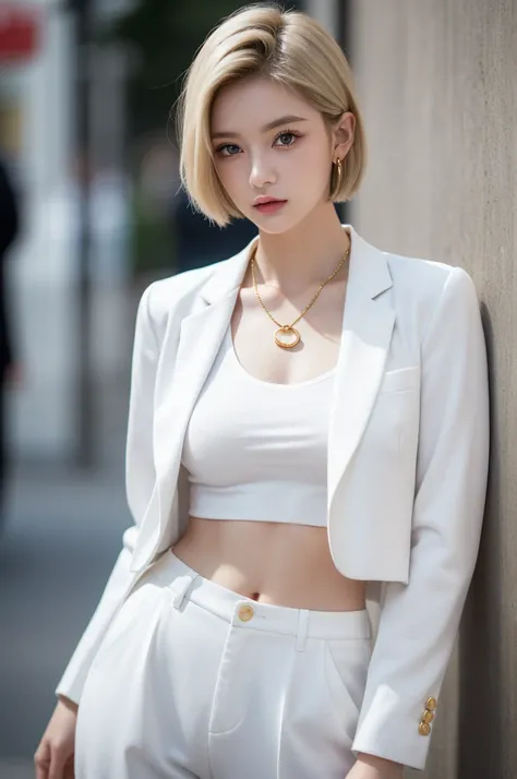 (masterpiece, best quality, beautiful and aesthetic:1.3), 1 Girl, Solitary, White waist short suit，Gold suit buttons，White shirt，White trousers，A faint smile, portrait, Looking at the audience, Android 18, (White short hair:1.3), blue eyes, eyelash, Hoop E...