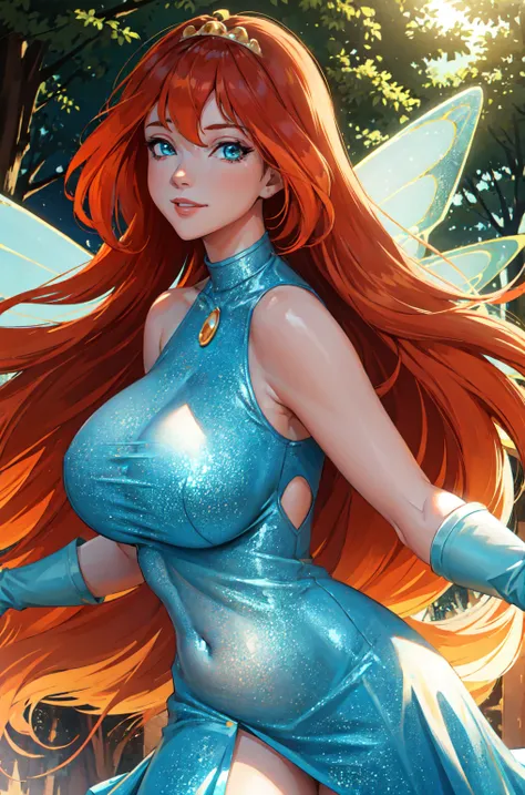 masterpiece, best quality, ultra-detailed, Bloom, milf, mature face, tall, thick, orange hair, blue eyes, bangs, long hair, fairy outfit, blue croptop, sleeveless, blue skirt, sparkling clothing, fairy wings, tiara, standing, smile, in the forest, cowboy s...