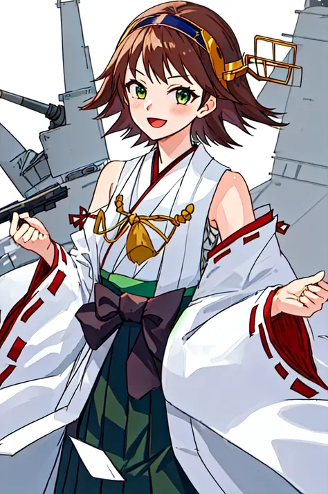 Highest quality, masterpiece, High resolution, 一人in, {Hiei_Fleet Collection:1.15}, brown_hair, short_hair, hairband, headgear, Non-traditional_Shrine maiden, smile, green_eye, Inverted up_hair, Open_mouth, One girl, independent_sleeve, Japanese_Clothes, Lo...