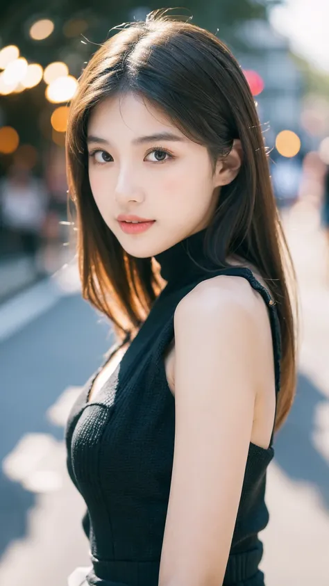 ((Best quality, 8K, masterpiece:1.3))，1girl，18 years old，Asian，Real texture:1.3，(Background blur:1.1)，Dress Up，Tall and slender figure:1.2，(Hot summer weather)，（street:1.3），Highly detailed face and skin textures，Exquisite eyes，Long eyelashes，Double eyelids...