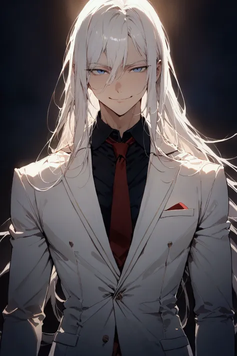 ((masterpiece)), ((best quality)), (from front, facing front:1.32), (close-up:1.2), (half-body shot:1.36), perfect anatomy, 1man, solo,  extremely long straight white hair, blue eyes, white suit, red tie, weak smile, lighting from front