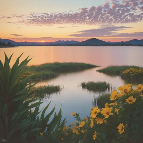 painting of a lake with lírios and a sunset in the background, por Pamela Ascherson, por Michael Sutfin, por Nancy Carline, nenúfares, por David G. Sorensen, por Richard Sedlon, em pinturas detalhadas em guache, Laurent Durieux, lírios, alvorecer, por Jaso...