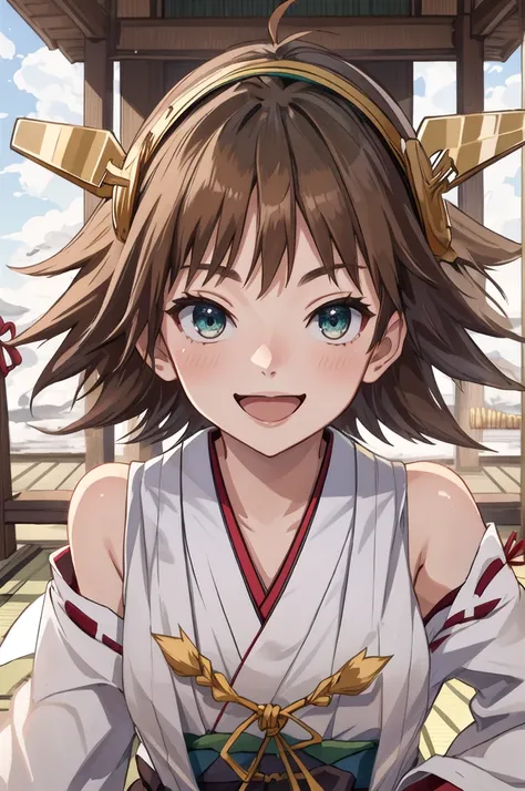 Highest quality, masterpiece, High resolution, 一人in, {Hiei_Fleet Collection:1.15}, brown_hair, short_hair, hairband, headgear, Non-traditional_Shrine maiden, smile, green_eye, Inverted up_hair, Open_mouth, One girl, independent_sleeve, Japanese_Clothes, Lo...