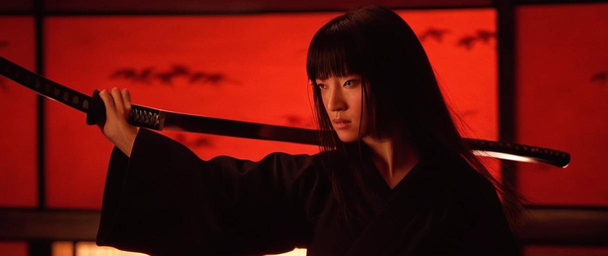 cinematic film still of  cinematic film image of 1 silhouette woman is doing a kendo style with katana on a red background,1girl...