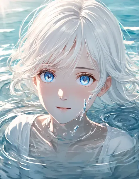 anime style female character in water, (long  white hair:1.2), (kind expression:1.1), blue colored eyes, white top, (rippling ef...