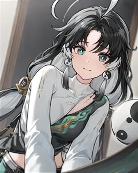 masterpiece,best quality,cute pajamas,indoors,looking at viewer,shy, jianxin,1girl,solo,jewelry,earrings,black hair,multicolored hair,long hair,ahoge,yin yang