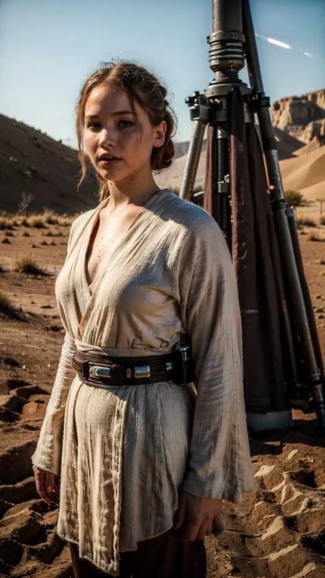 ((masterpiece), (solo character), (photorealistic:1.4), ),(best quality), (epiCRealLife), (Jennifer Lawrence in jedioutfit),  (lora:epiCFlashPhoto),(flashphoto), (flash photography),((Star Wars outdoor), (star wars desert)