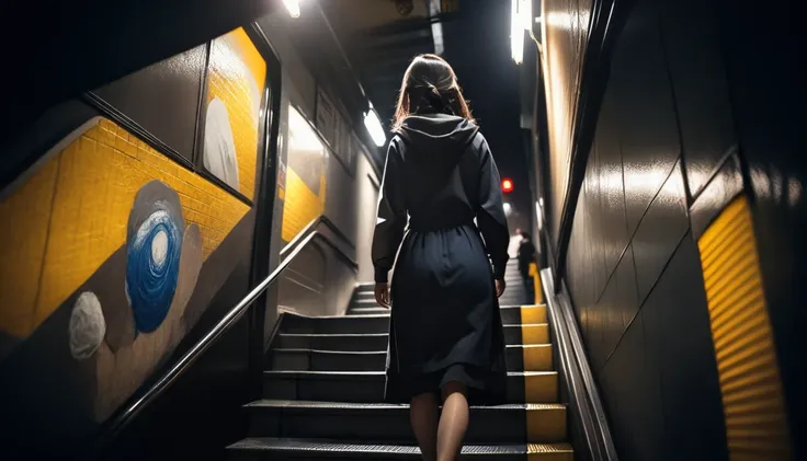 masterpiece,best quality,ultra detailed,(1girl:1.2),girl walking down subway stairs, back angle shot, high angle shot, dramatic ...