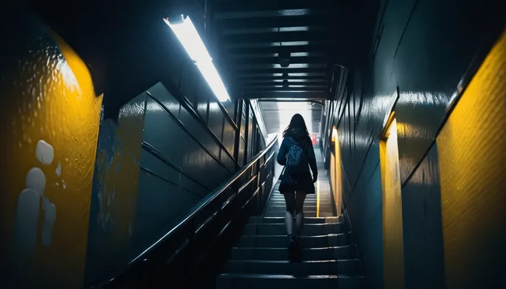 masterpiece,best quality,ultra detailed,(1girl:1.2),girl walking down subway stairs, back angle shot, high angle shot, dramatic ...