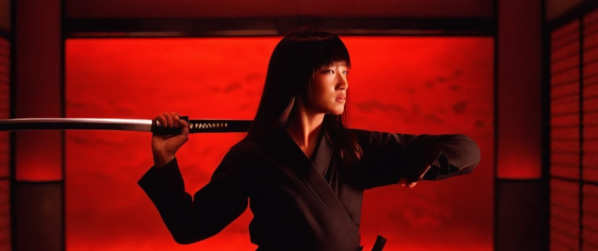 cinematic film still of  cinematic film image of 1 silhouette woman is doing a kendo style with katana on a red background,1girl...