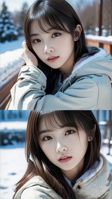 realistic photos odebt (1 cute korean star) shoulder-length hair, light makeup, middle breast size, wearing a duffle coat, in th...