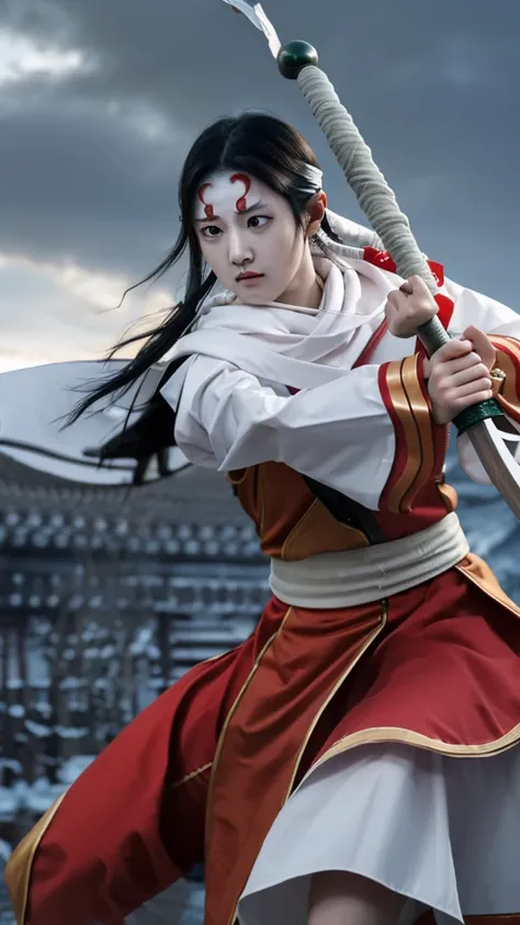 "Create a highly realistic image of a female warrior resembling Kyoukai from the manga series Kingdom. She should have a slender yet athletic build, wearing traditional Chinese armor with intricate details. Her expression is calm and focused, with a myster...