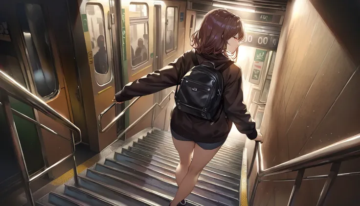 masterpiece,best quality,ultra detailed,(1girl:1.2),girl walking down subway stairs, back angle shot, high angle shot, dramatic lighting,female focus, centered, photoreal painting background
