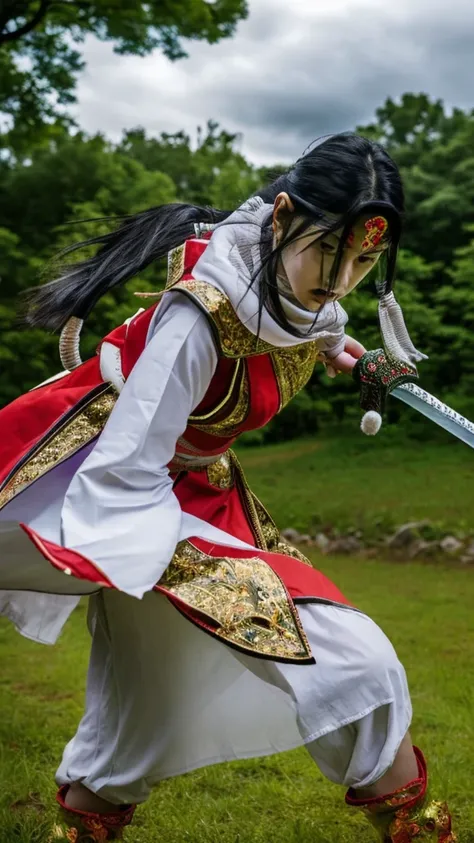 "Create a highly realistic image of a female warrior resembling Kyoukai from the manga series Kingdom. She should have a slender yet athletic build, wearing traditional Chinese armor with intricate details. Her expression is calm and focused, with a myster...