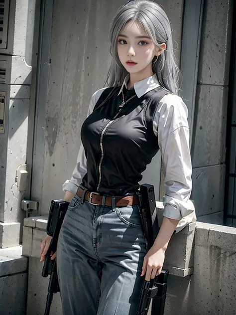 realistic, High resolution, 1 female, alone, hip up, view viewer, (detailed face), gray hair, SWAT vest, gun, jewelry