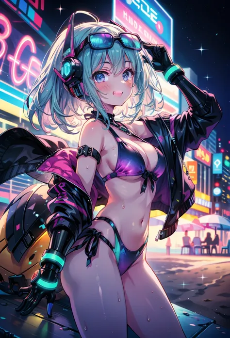 score_9, score_8_up, score_7_up, source_anime,masterpiece, best quality, high resolution, extremely detailed CG, absurdres, highres, 1girl, Shot of a futuristic cyberpunk beach scene at night. The subject, wearing a bikini and jacket combo with a glittery ...