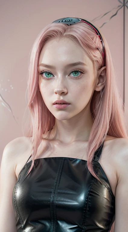 young woman, long pink hair, wide forehead, porcelain skin, pink eyebrows, big emerald green eyes, buttoned nose, thick lips, heart-shaped face, slender body, small breasts, pink leather dress, Sakura Haruno, realistic, realism black details 3d
