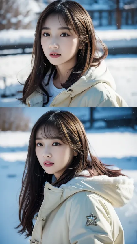 realistic photos odebt (1 cute korean star) shoulder-length hair, light makeup, middle breast size, wearing a duffle coat, in th...