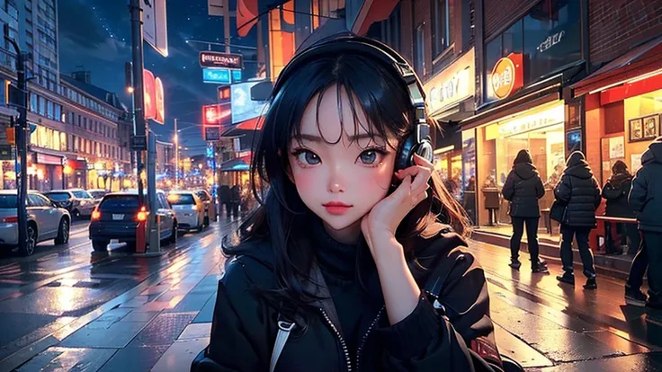 masterpiece、high resolution 8k、NSFW、sharp focus、contrast lighting、fine skin、muste piece、 highest quality、Ultra - High resolution、Super high resolution、Highly detailed CG, realisticlying, 1 girl, Beautiful, wearing headphones, enjoying hot coffee solo, Late...