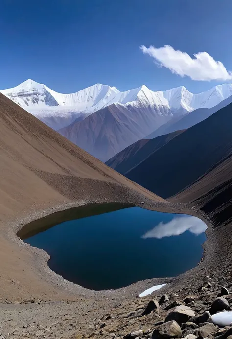 View of a high mountain lake, known as Roopkund Lake or Skeleton Lake. The water of the lake is covered with ice and there are snow-capped peaks all around. Old human bones and skeletons on the banks of the lake 