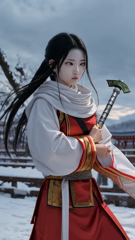 "Create a highly realistic image of a female warrior resembling Kyoukai from the manga series Kingdom. She should have a slender yet athletic build, wearing traditional Chinese armor with intricate details. Her expression is calm and focused, with a myster...