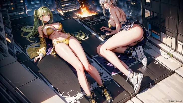 Giantess, long sexy legs, yellow hair, bikini, lying on the ground, city at her feet burns in flames for the destruction she has caused, tiny people climb on her body to try to defeat her uselessly. Giantess, goddess, macrophilia, curvaceous body, hentai, ...