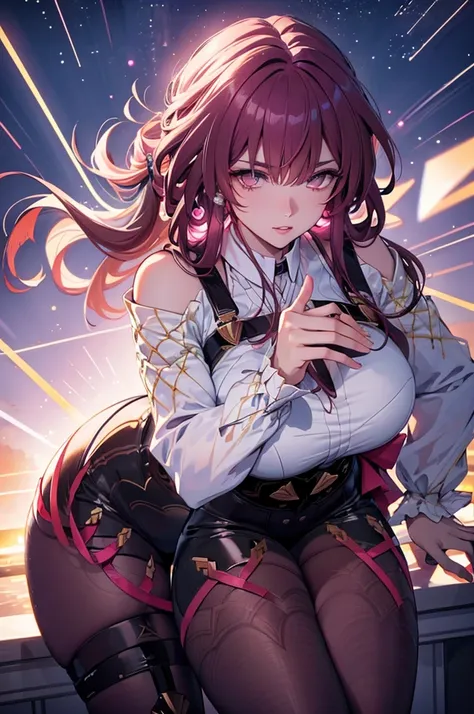 high quality image, beautiful, light particles, kafka, honaki star rail, elegant, finely detailed, thick eye lashes, big , big thighs, A detailed, volumentric lighting