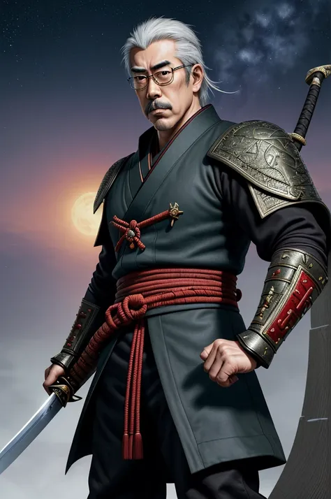 Highest quality，High resolution， ((Emperor Hirohito)) ，Japanese emperor，Kenshiro，Fist of the North Star，samurai，One person，warrior，（black_coat），round glasses，kimono，male，One personで，Middle Age，Swordsman，strongest，Anime Style，（Night Sky_background），(Limbs)，...