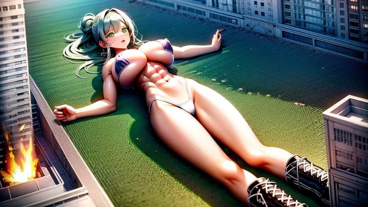 Giantess, long sexy legs, yellow hair, bikini, lying on the ground, city at her feet burns in flames for the destruction she has caused, tiny people climb on her body to try to defeat her uselessly. Giantess, goddess, macrophilia, curvaceous body, hentai, ...