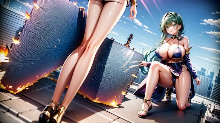 Giantess, long sexy legs, yellow hair, bikini, lying on the ground, city at her feet burns in flames for the destruction she has caused, tiny people climb on her body to try to defeat her uselessly. Giantess, goddess, macrophilia, curvaceous body, hentai, ...