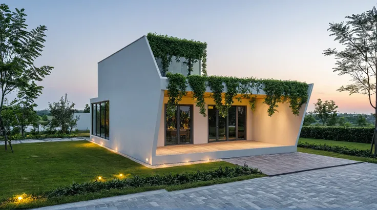 Masterpiece, high quality, best quality, authentic, super detail, outdoors, onestoreyvillaXL, aiaigroup, house style modern, white wall ,pavement, grass, trees, dusk sky, cloud, (daylight:1.1)
