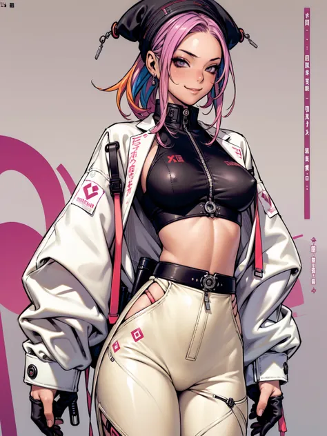 (((best qualityer))), (((absurdres))), (((1girl))), (((Urban girl))), (((malicious smile))), a beautiful and sexy girl with multi-colored hair wearing ultra modern clothes with kanjis printed on her nylon jacket with diamond-shaped stitching, (((slim with ...