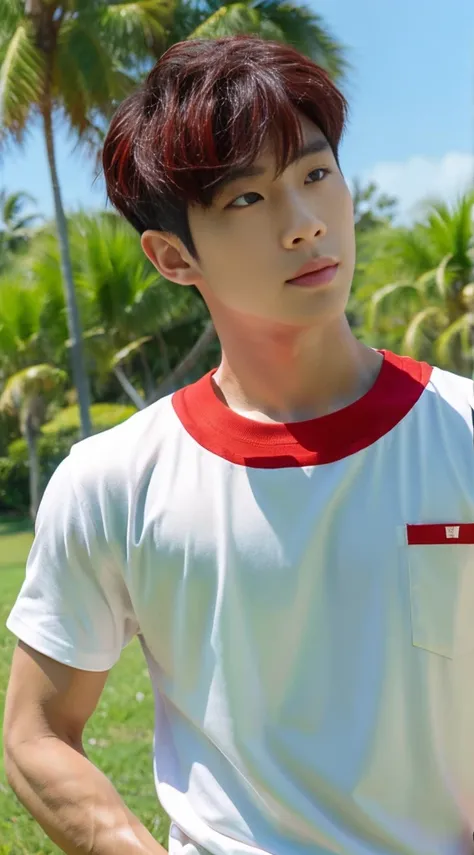 A handsome, muscular young Asian man looks at the camera. In a simple t-shirt white and red , Fieldside, grass, beach, sunlight