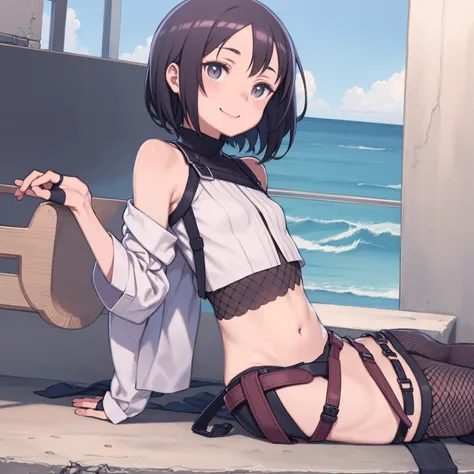 yuffiekisaragi, Yuffie Kisaragi,Haircuts, pixie cut,
壊す crop top, fingerless gloves, fishnet Thighhighs, fishnet, forehead protector, gloves, head band, belly button, short shorts, shorts, single sleeve, single thigh high, No sleeve, No sleeve turtleneck, ...