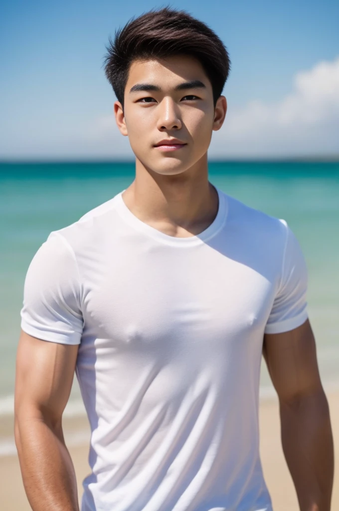 A handsome, muscular young Asian man looks at the camera. In a plain white t-shirt , Fieldside, grass, beach, sunlight