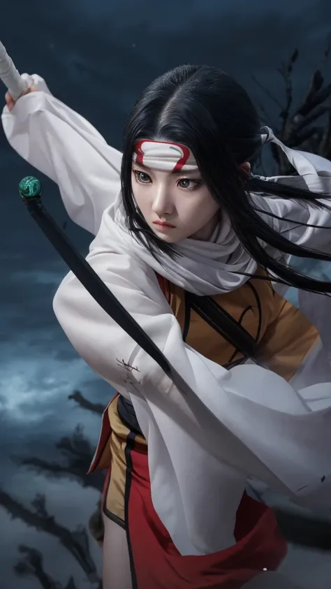 "create a highly realistic image of a female warrior resembling kyoukai from the manga series kingdom. she should have a slender...