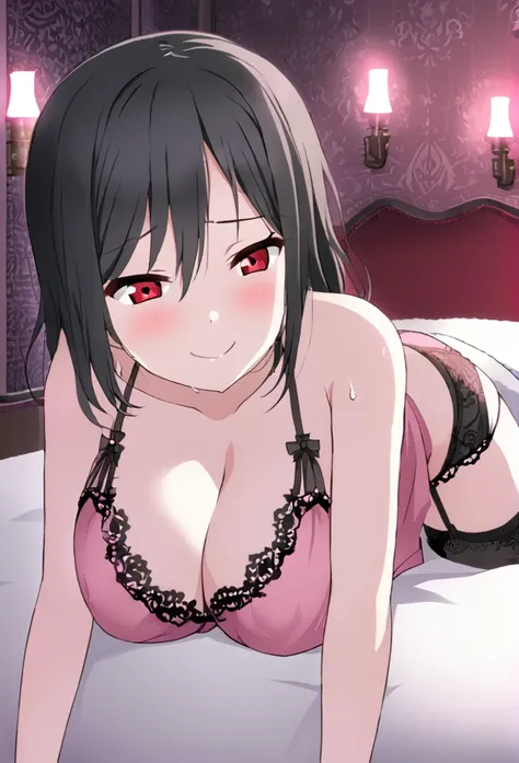 Shioriko Mifune　Black Hair　Red Eye　short hair　Straight Hair　Green Nightgown　Black garter belt　Love Hotel　smile　Huge breasts　Cleavage　Room lighting　night　Sweaty　Seduce　Lie down on the bed