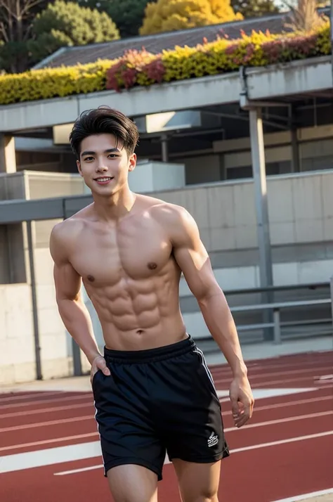 (Masterpiece,best quality:1.2),model, alone, 1 person,20 year old male,young people,handsome,Asian Models,black hair,short hair,smile,Sexy breasts,6 pack abs,sexy figure,Early morning,A boy is running on the stadium tracks.,The wind is blowing,autumn leave...