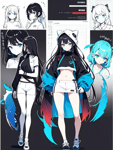 sketch (Character design sheet, same characters, whole body, Three-View, front, ~ ~ ~ side, return),(Very bright:1.1), White Background, [1 Girl:7], (Tilt your head:1.2), ([sketch|watercolor (Moderate)]:1.15),Chaotic Abstractな背景, Vector Trace, Gradient Ble...