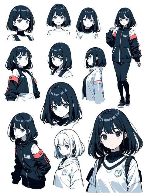 sketch (Character design sheet, same characters, whole body, Three-View, front, ~ ~ ~ side, return),(Very bright:1.1), White Background, [1 Girl:7], (Tilt your head:1.2), ([sketch|watercolor (Moderate)]:1.15),Chaotic Abstractな背景, Vector Trace, Gradient Ble...