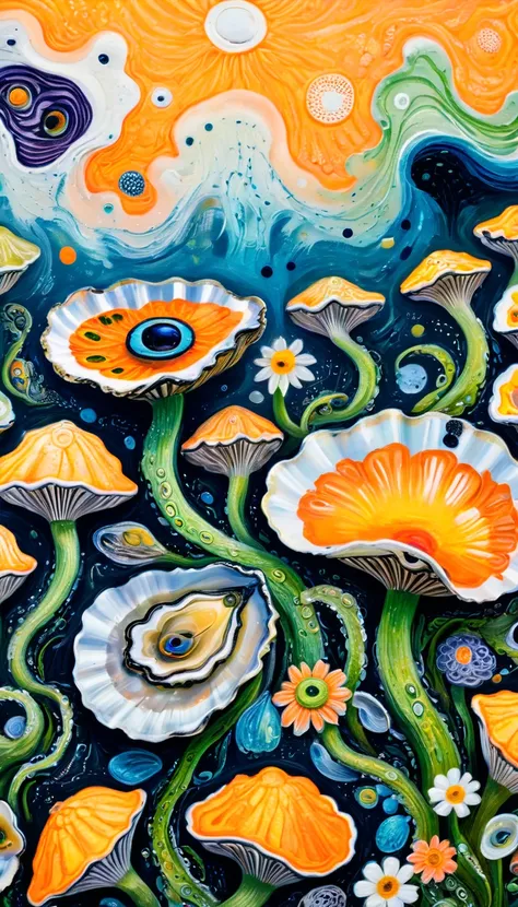 Childrens graffiti,Thick coating，Concave and convex texture，Oil pastel strokes：Oysters、flowesh、Tentacles、bird、Eye、diatom，Abstract mosaic painting，Describing the inner world of autistic people，Sense of space，White Space，interesting，Innocence，Psychedelic Art...