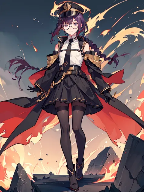 realisitic, City Deserted, Pile of rubble, Brick building, a one woman (18 years old, far away blackw hair, far away slits, Eyes red, glare eyes, 精致的面容, standing (In floor, feet shoulder-width apart), Lolita style military uniform (blackw base, Red Insert,...