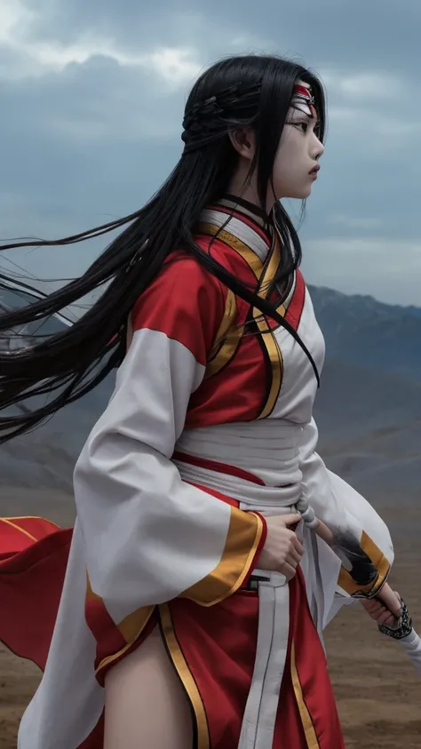 "Create a highly realistic image of a female warrior resembling Kyoukai from the manga series Kingdom. She should have a slender yet athletic build, wearing traditional Chinese armor with intricate details. Her expression is calm and focused, with a myster...