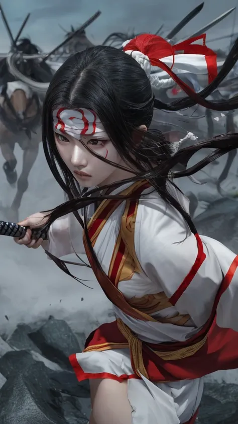 "Create a highly realistic image of a female warrior resembling Kyoukai from the manga series Kingdom. She should have a slender yet athletic build, wearing traditional Chinese armor with intricate details. Her expression is calm and focused, with a myster...