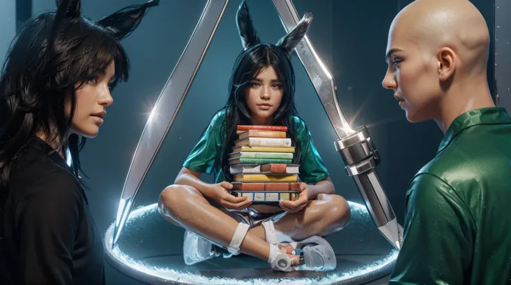 The image depicts a young girl with black hair, wearing a green shirt and holding a stack of books, surrounded by pens and pencils. She appears to be in deep thought, smooth 3d model, glossy plastic texture, multiple light sources, rim light, sharp post ef...